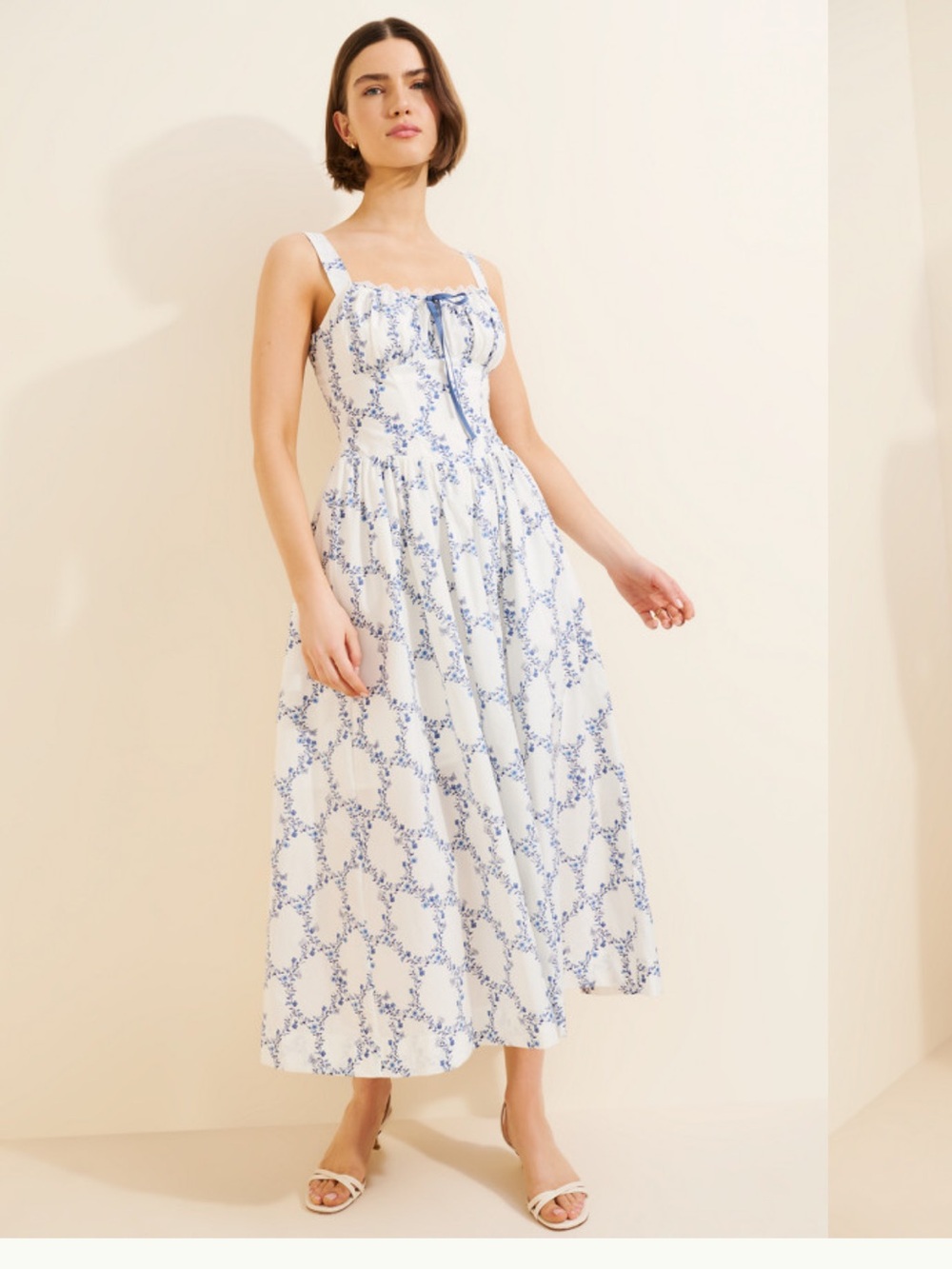 moon river white & blue floral print corset midi summer sun dress size small NEW